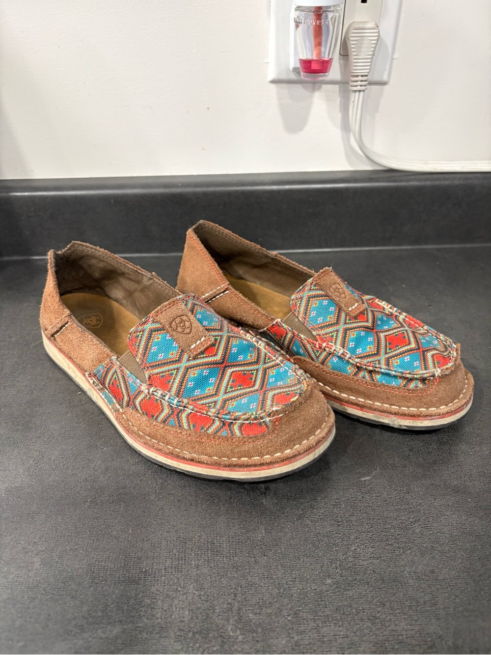 Ariat Women’s Brown Suede Cruisers with Turquoise & Red Aztec Pattern